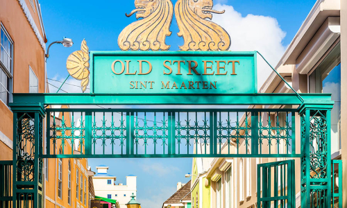 January 09, 2020: Entrance to the old street in Philipsburg on the island of Saint Martin in the Caribbean.